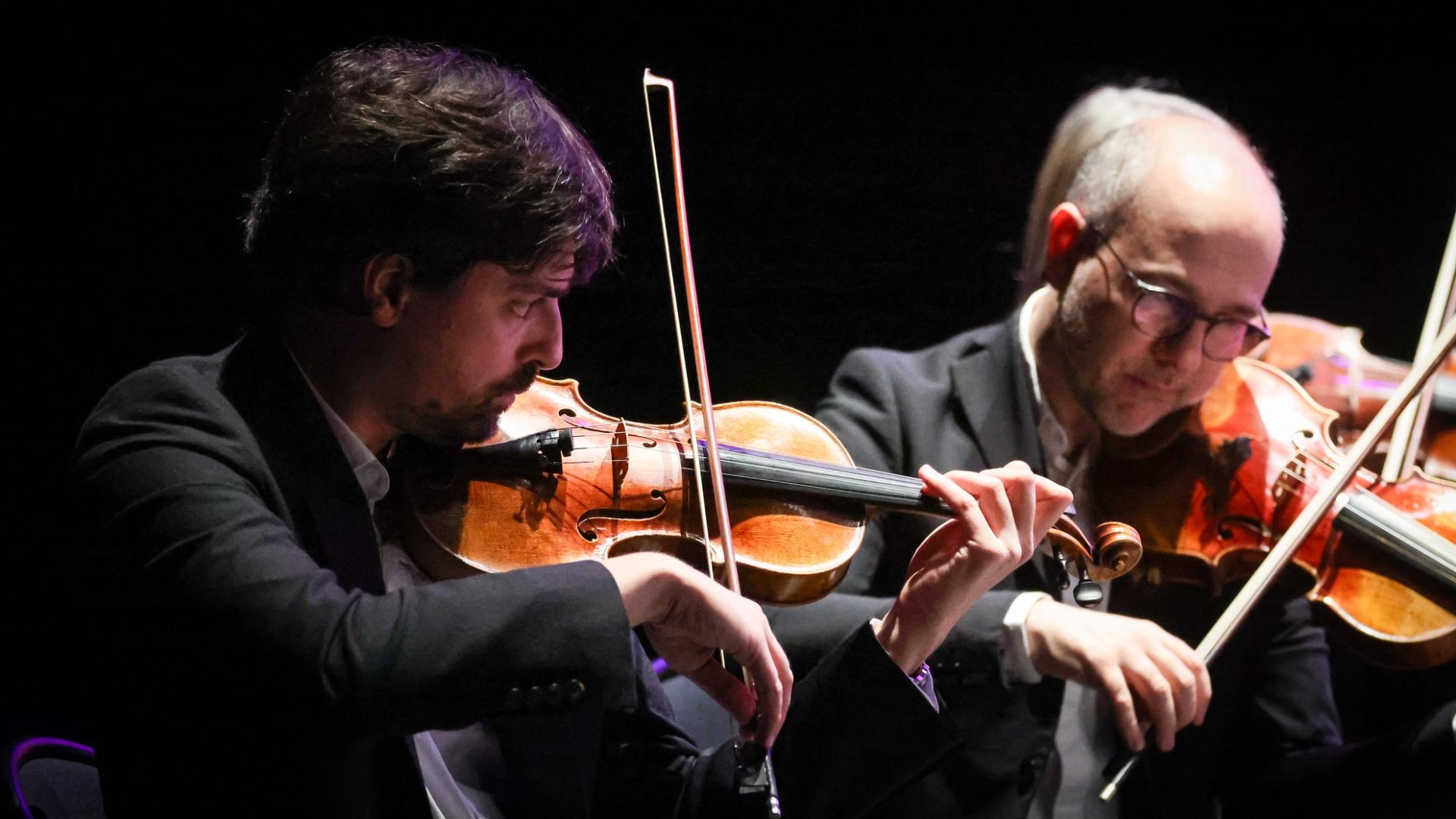 Photographe annecy haute savoie orchestre des pays de savoie bonlieu concert reportage photo entreprise departement violon deux musiciens accord