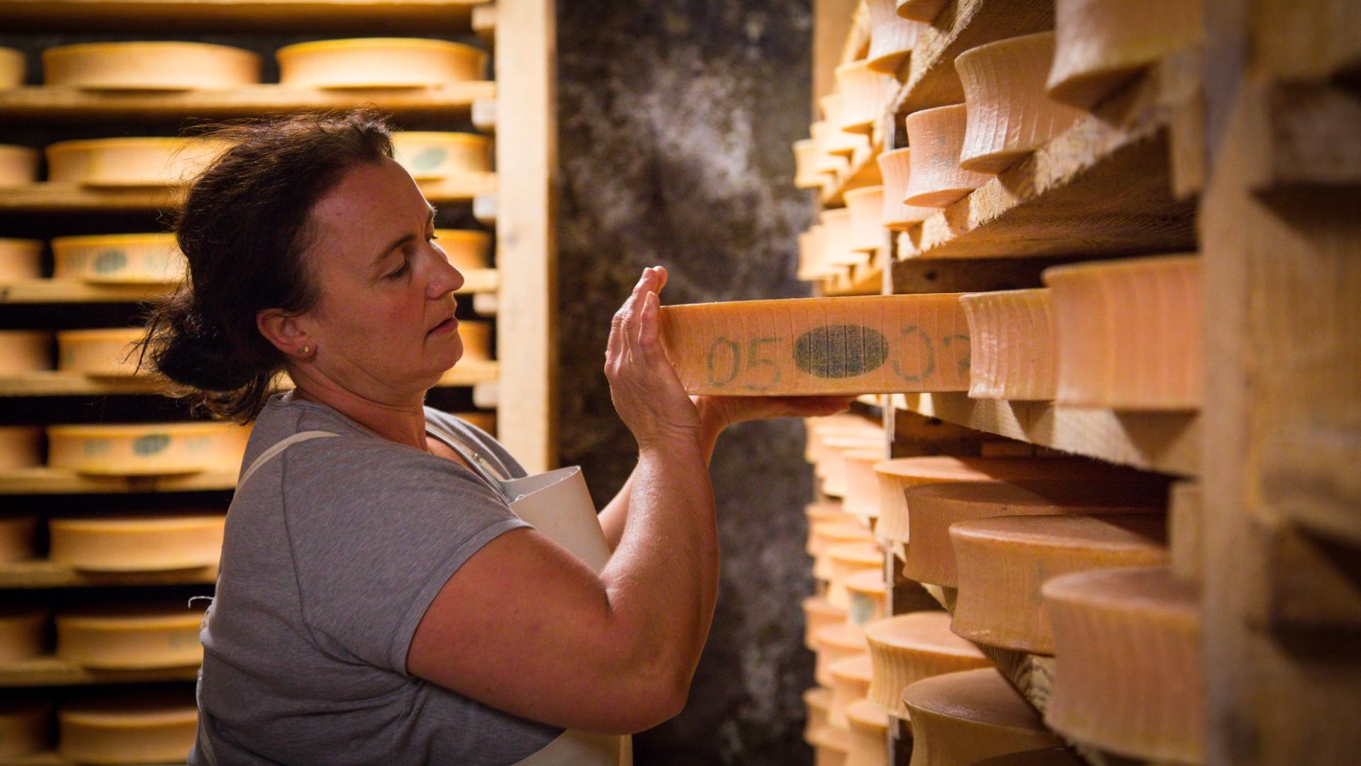 Une productrice de fromage retourne un fromage d'abondance dans un cave, c'est le GAEC de noisetiers