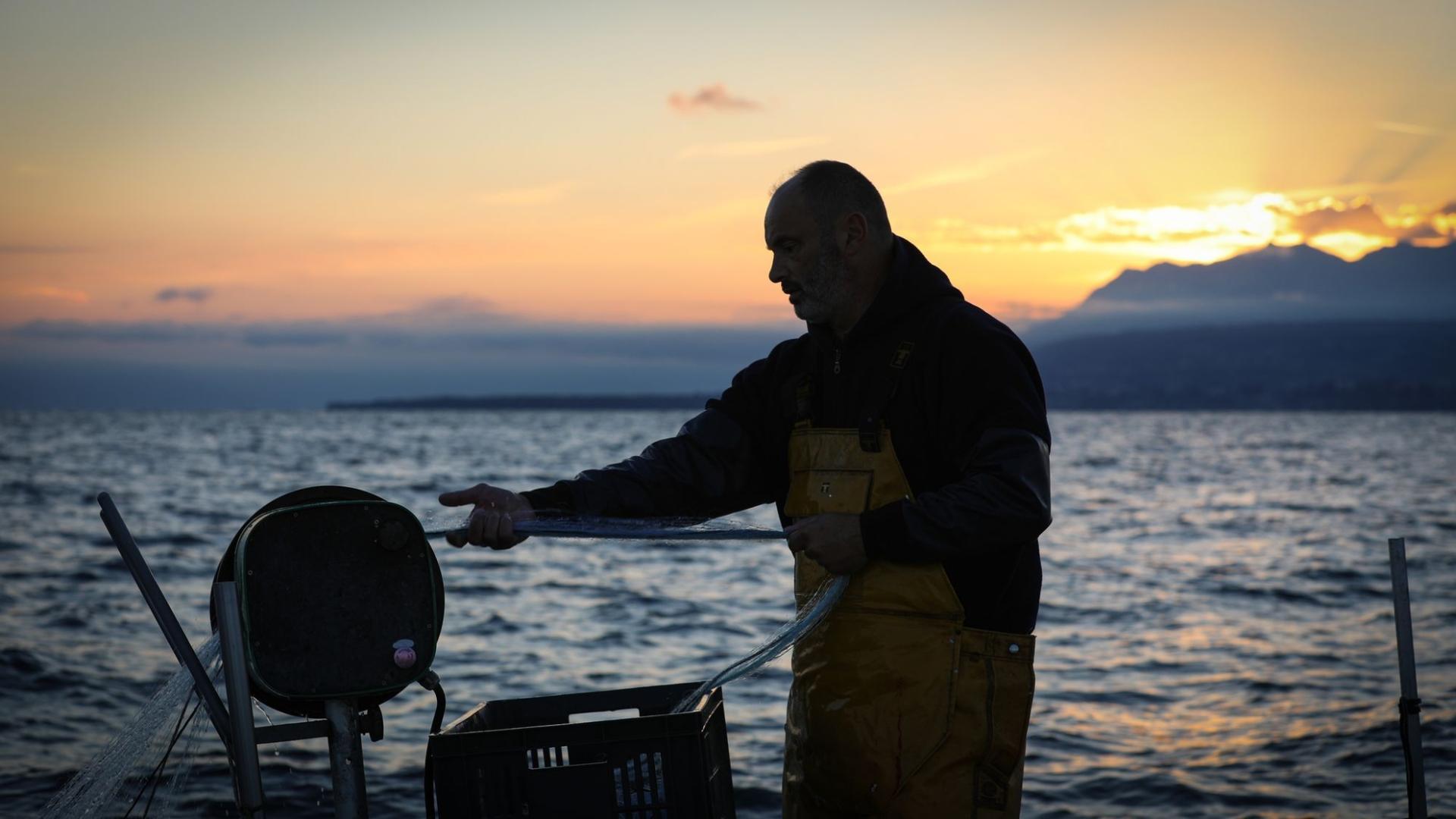 Photographe publicitaire annecy haute savoie terroir producteur image affiche communication pecheur lac leman soleil lever